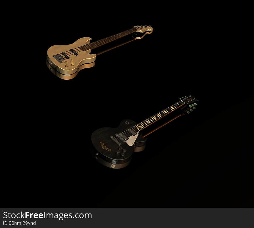 An picture of 2 guitars on a black glass surface showing the guitars reflection.