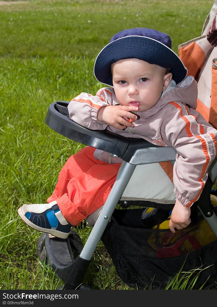 Amused Boy Sitting In Stroller