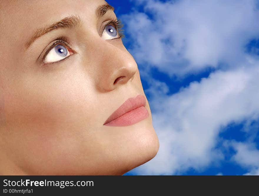 Closeup Portrait of High Fashion Model with sky. Closeup Portrait of High Fashion Model with sky