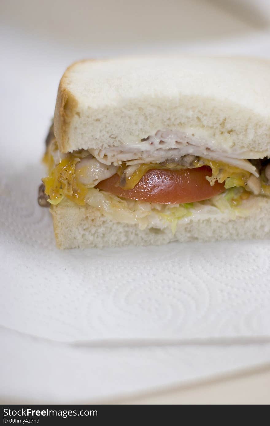 Close-up of half a sandwich with turkey, tomotoes, and cheese on white bread