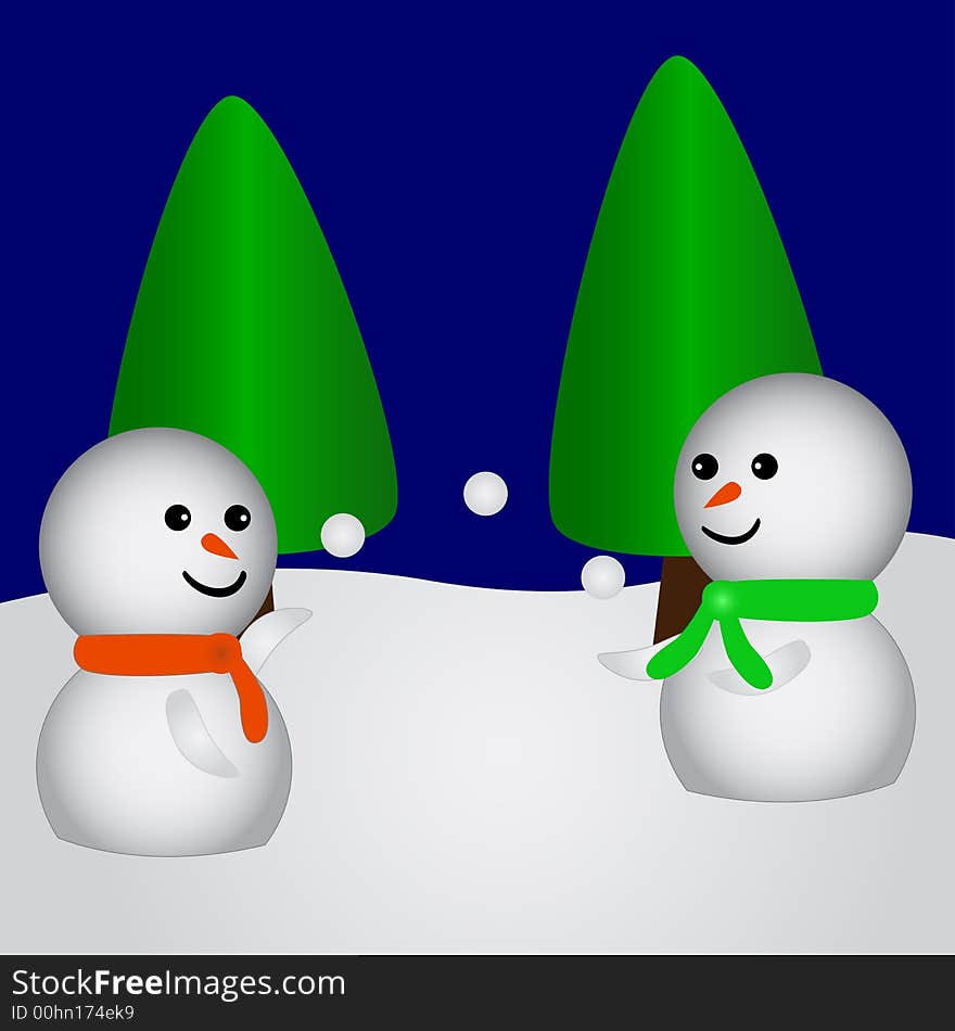 Two snowfriends playing with snowballs in a forest