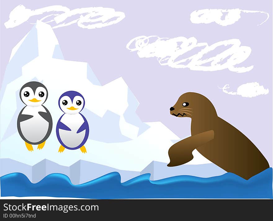 The cute penguins and seal