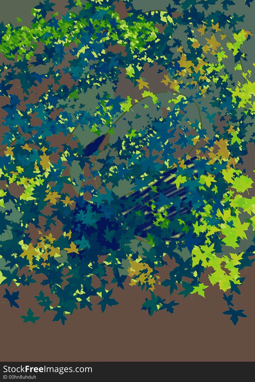 Colored background with small leaves on blue sky