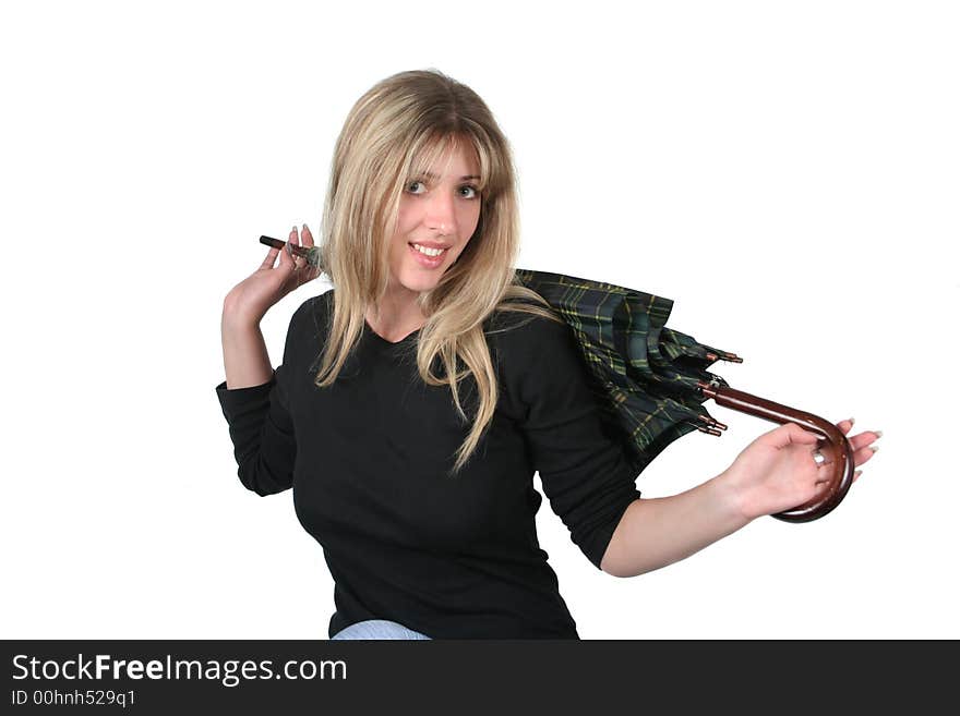 Beauty blonde girl with an umbrella on white background