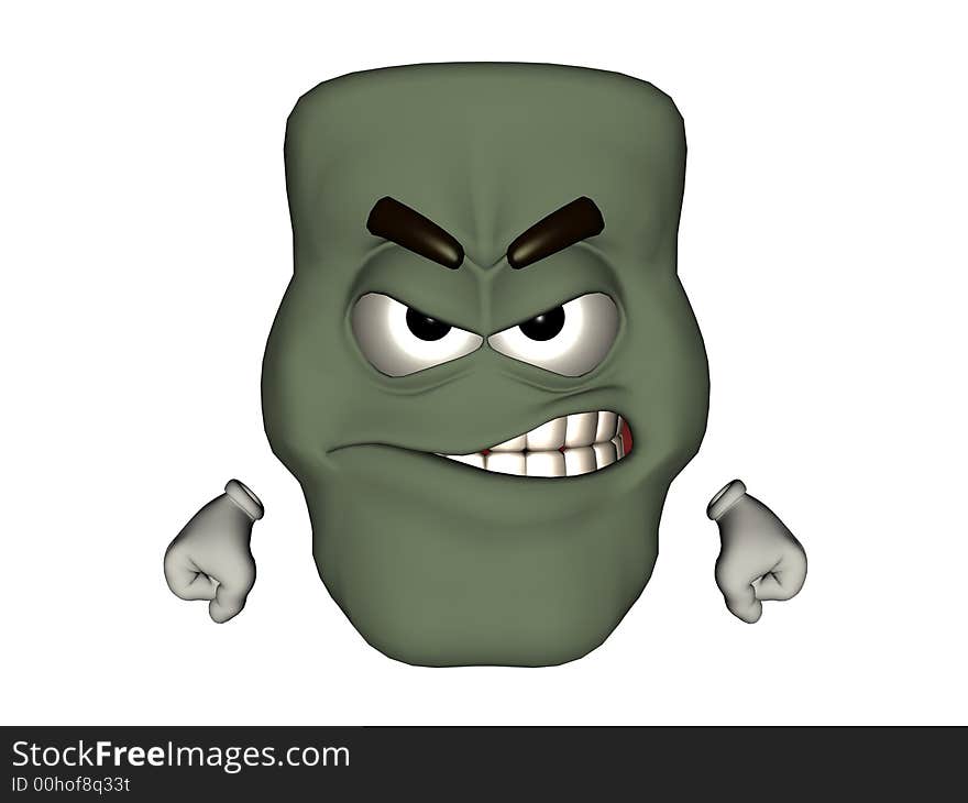 Green, angry monster emoticon, baring his teeth. Computer Generated Image, 3D models.