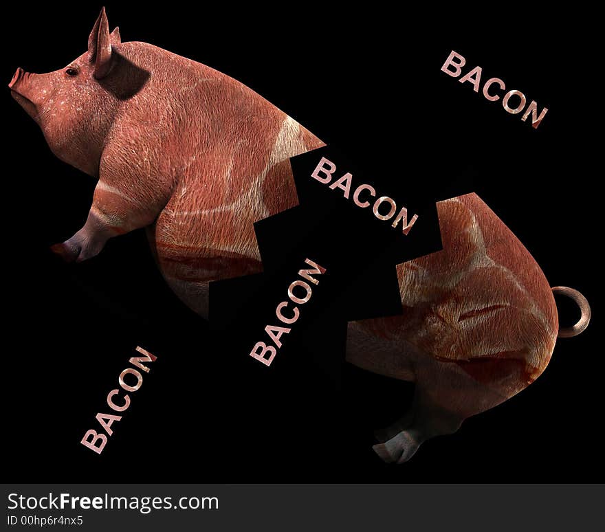 An image of a pig with a sliced bacon overlay texture on the pig. Which is in bits to represent slaughter. An image of a pig with a sliced bacon overlay texture on the pig. Which is in bits to represent slaughter.