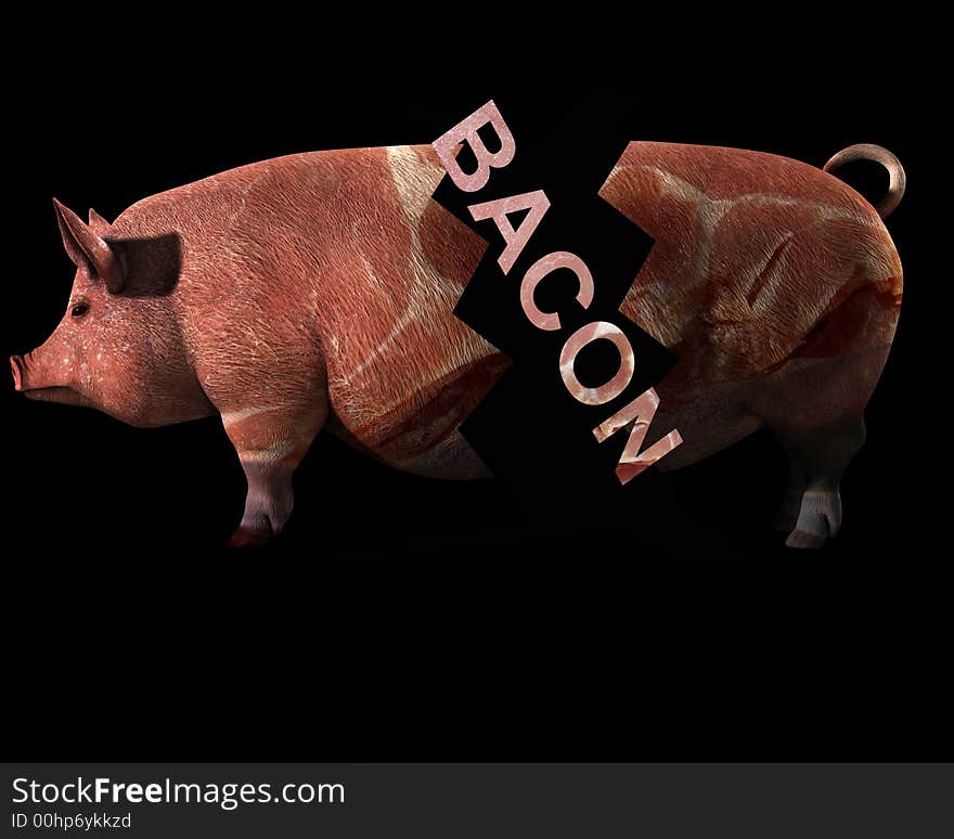 An image of a pig with a sliced bacon overlay texture on the pig. Which is in bits to represent slaughter. An image of a pig with a sliced bacon overlay texture on the pig. Which is in bits to represent slaughter.