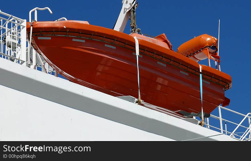 A fast rescue craft in position on a ferry.