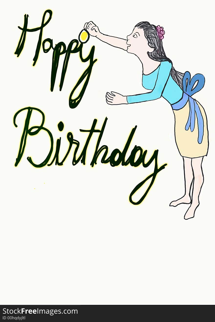 Illustration with girl writing Happy Birthday.