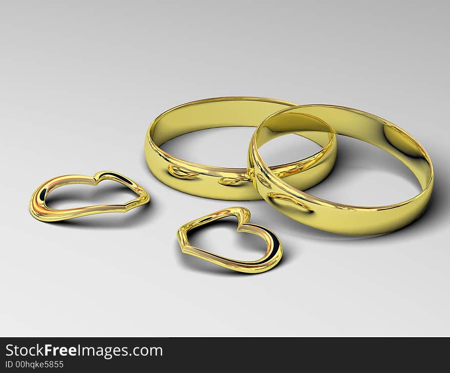 Wedding rings and gold hearts sign on love fidelity