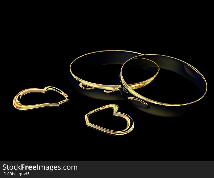 Wedding rings and gold hearts sign on love fidelity