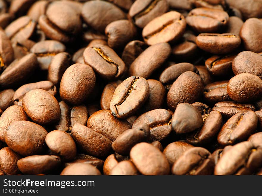 Fried grains of  Arabian coffee,  close up. Fried grains of  Arabian coffee,  close up