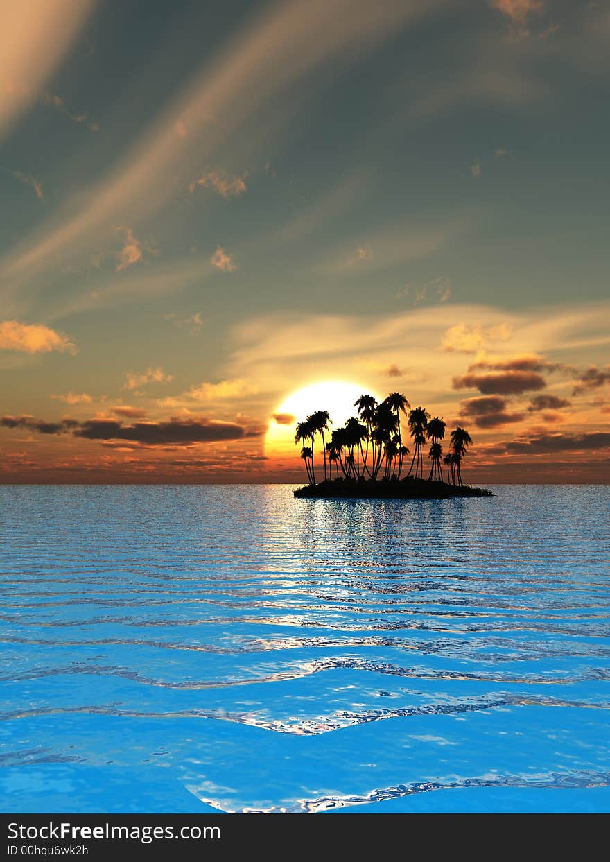 Sunset coconut palm trees on small island - 3d illustration.