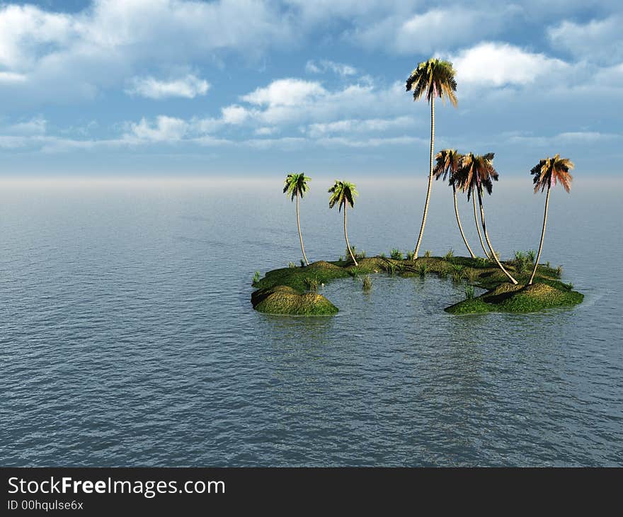 Coconut palm trees on a small island - digital artwork. Coconut palm trees on a small island - digital artwork