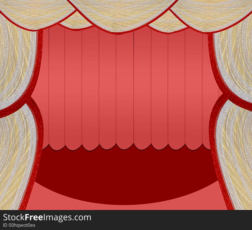 The stage with a mouth like area opening to enact with decorated curtains.