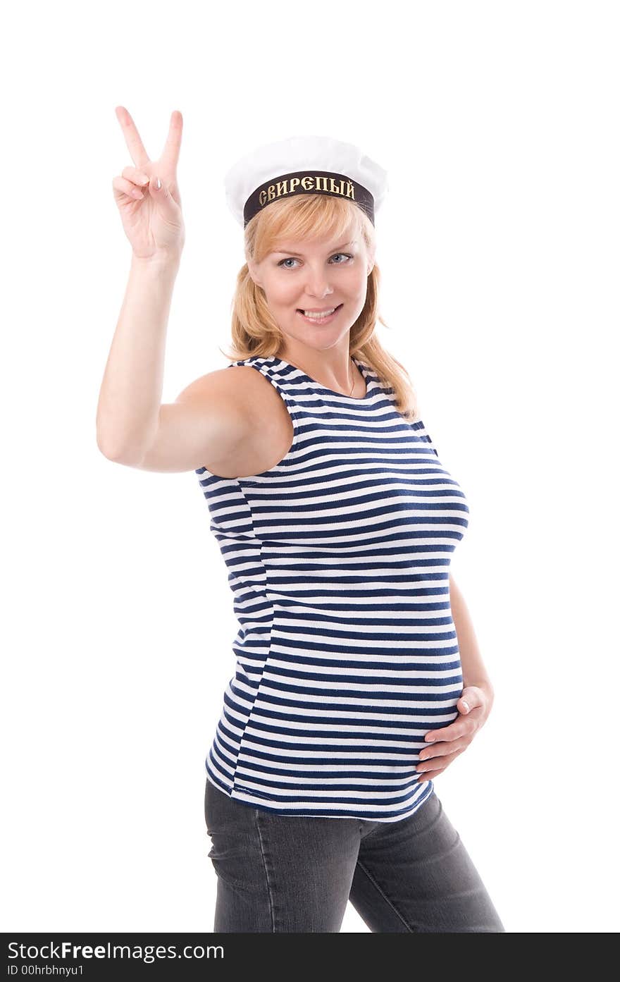 The pregnant woman in a stripped vest shows the letter V. The pregnant woman in a stripped vest shows the letter V