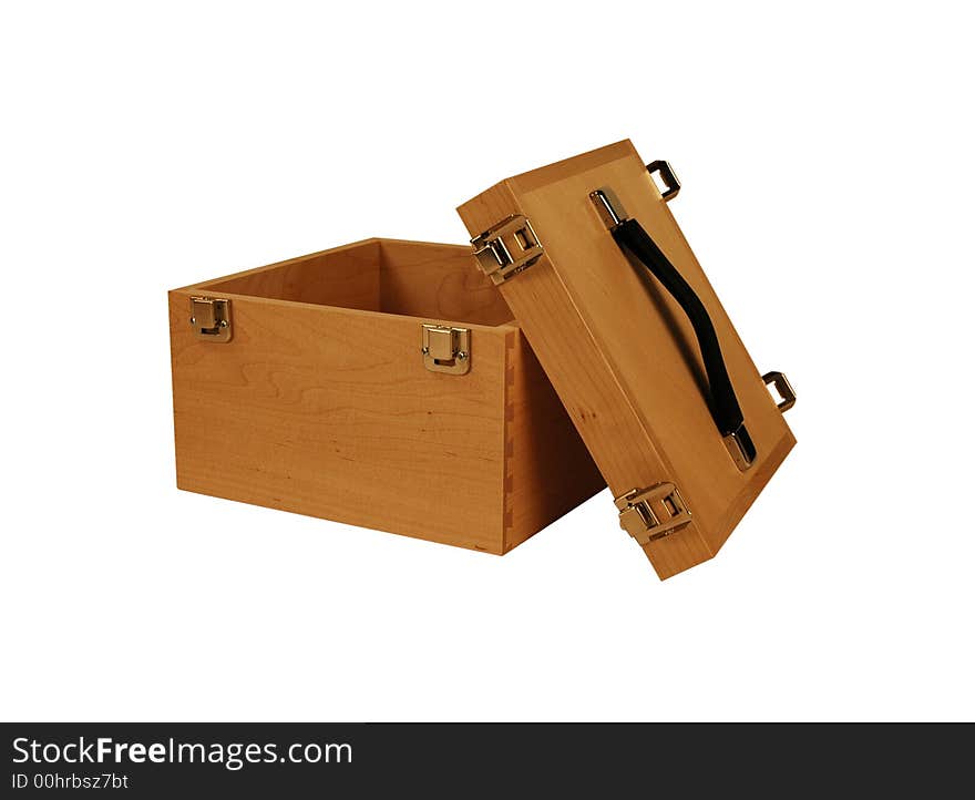 An open wooden box with metal latches. An open wooden box with metal latches