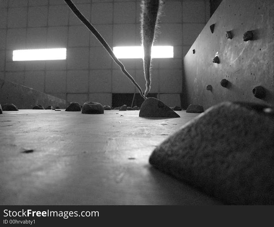 View of a rockwall from the ground in a black and white effect