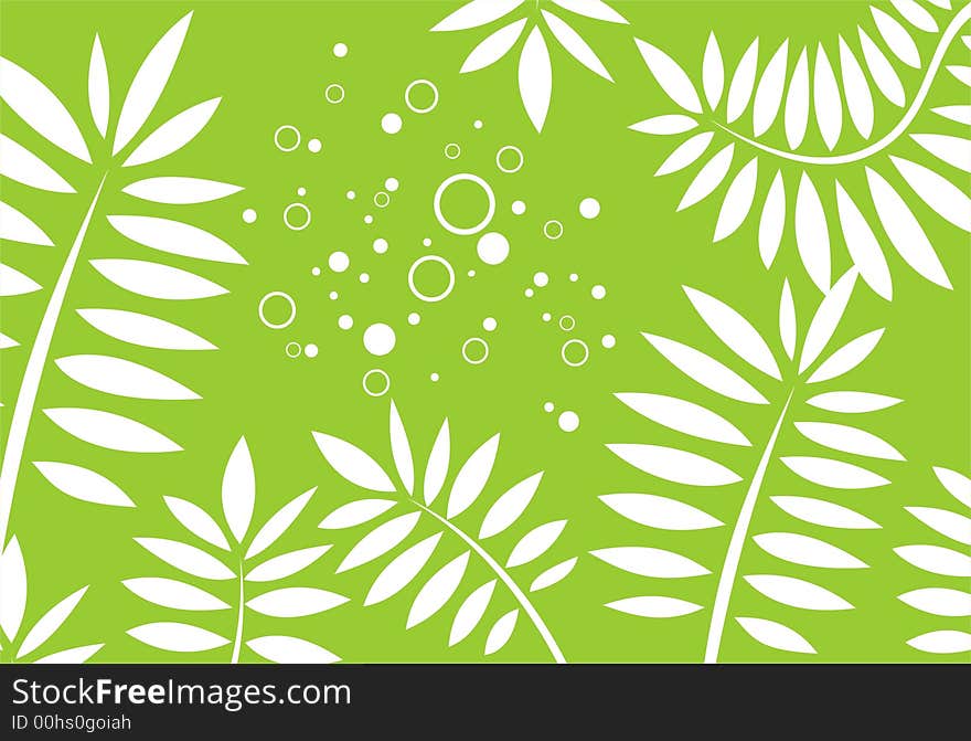 White stylized leaves on a green background with circles. White stylized leaves on a green background with circles.