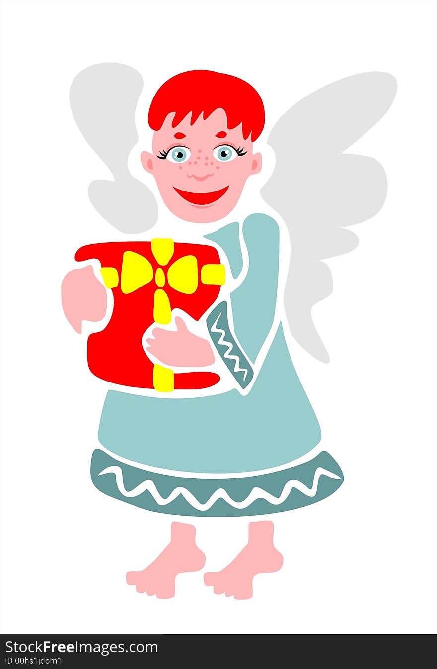 A smiling angel holds a gift in hands. A smiling angel holds a gift in hands.