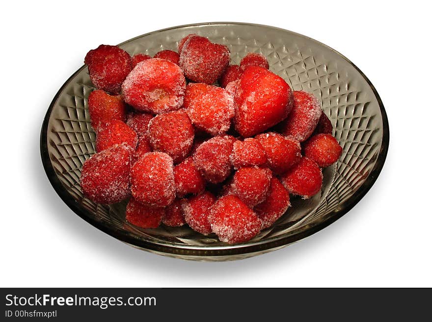 Strawberry in a plate with an ice on a white background