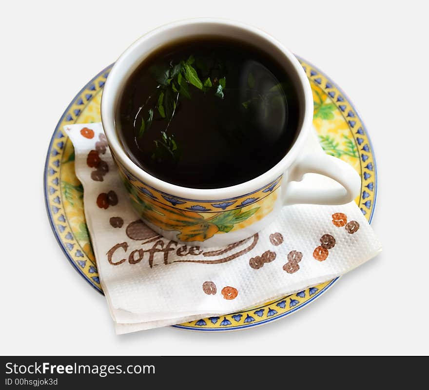 Cup of coffee, reflection of a flower, White background. Cup of coffee, reflection of a flower, White background