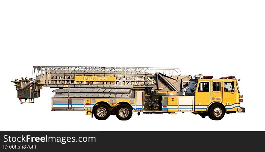 This is a side view of a fire truck with ladders and a bucket used for reaching fires in high places. isolated on a white background. This is a side view of a fire truck with ladders and a bucket used for reaching fires in high places. isolated on a white background.