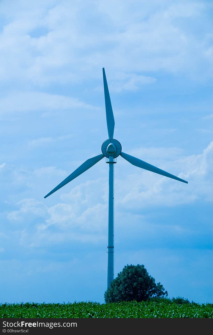 Clean energy white wind turbine in corn field. Clean energy white wind turbine in corn field