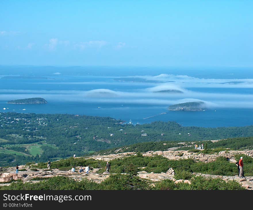 Shows a view from the top of Cadillac Mountain, Acadia Nat Park Me., of the Porcupine islands and Bar Harbor. Shows a view from the top of Cadillac Mountain, Acadia Nat Park Me., of the Porcupine islands and Bar Harbor