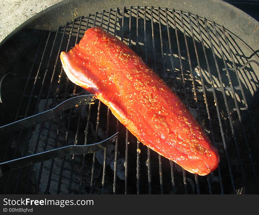 The process of barbecuing or grilling copper river salmon. The process of barbecuing or grilling copper river salmon.