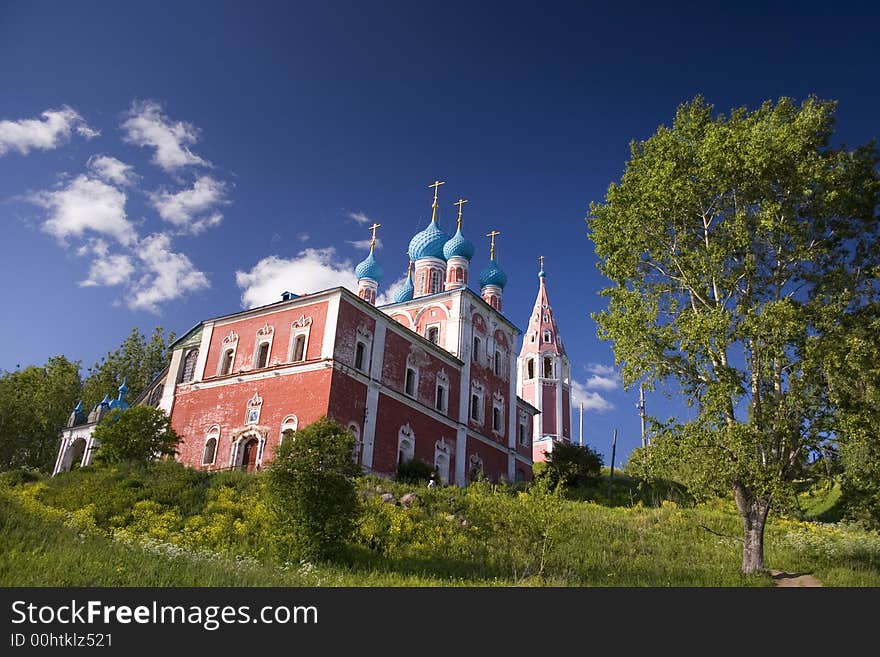 Russian Orthodox church on Volga river in Yaroslavskaya oblast