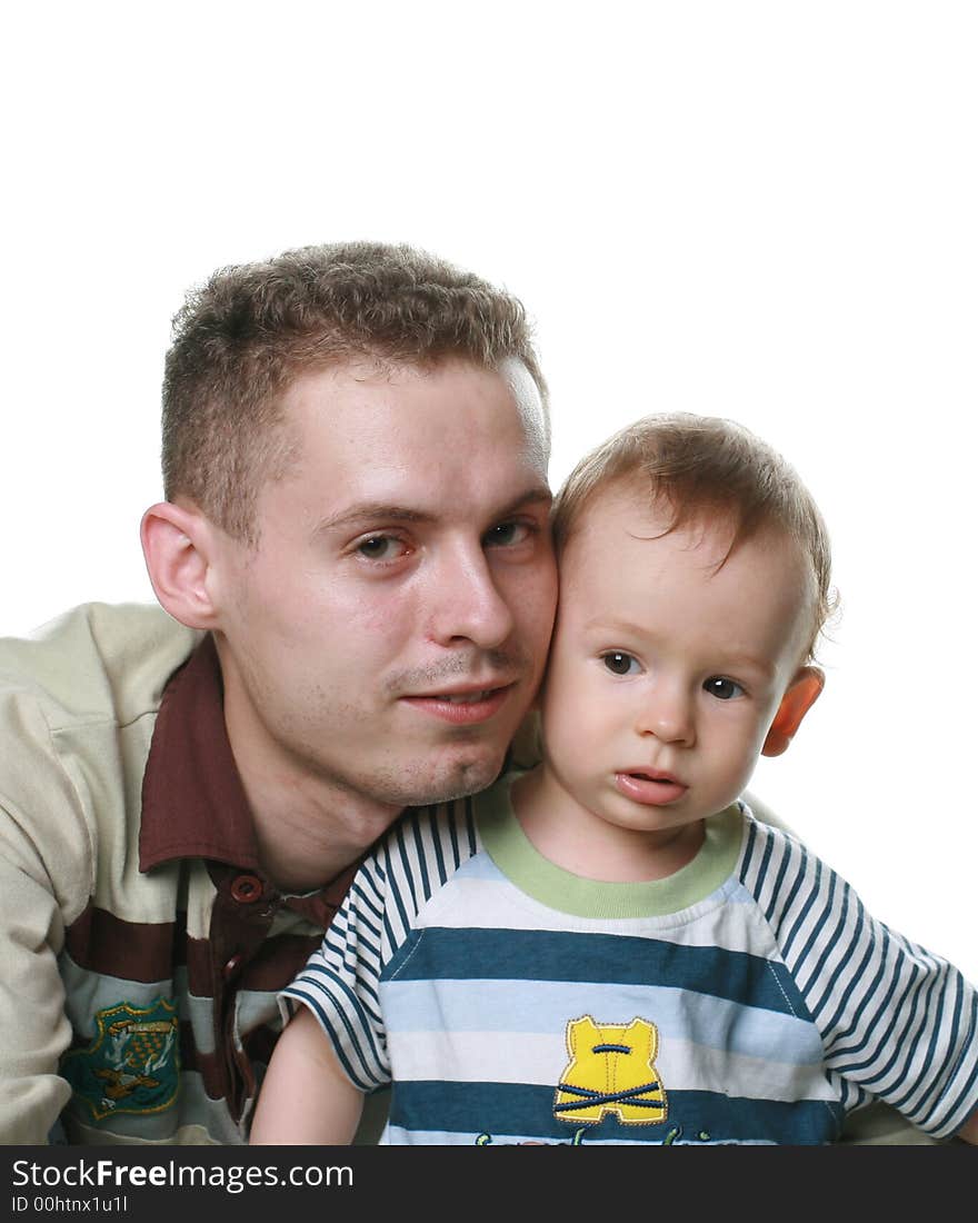 The father with small the kid on a white background. The father with small the kid on a white background