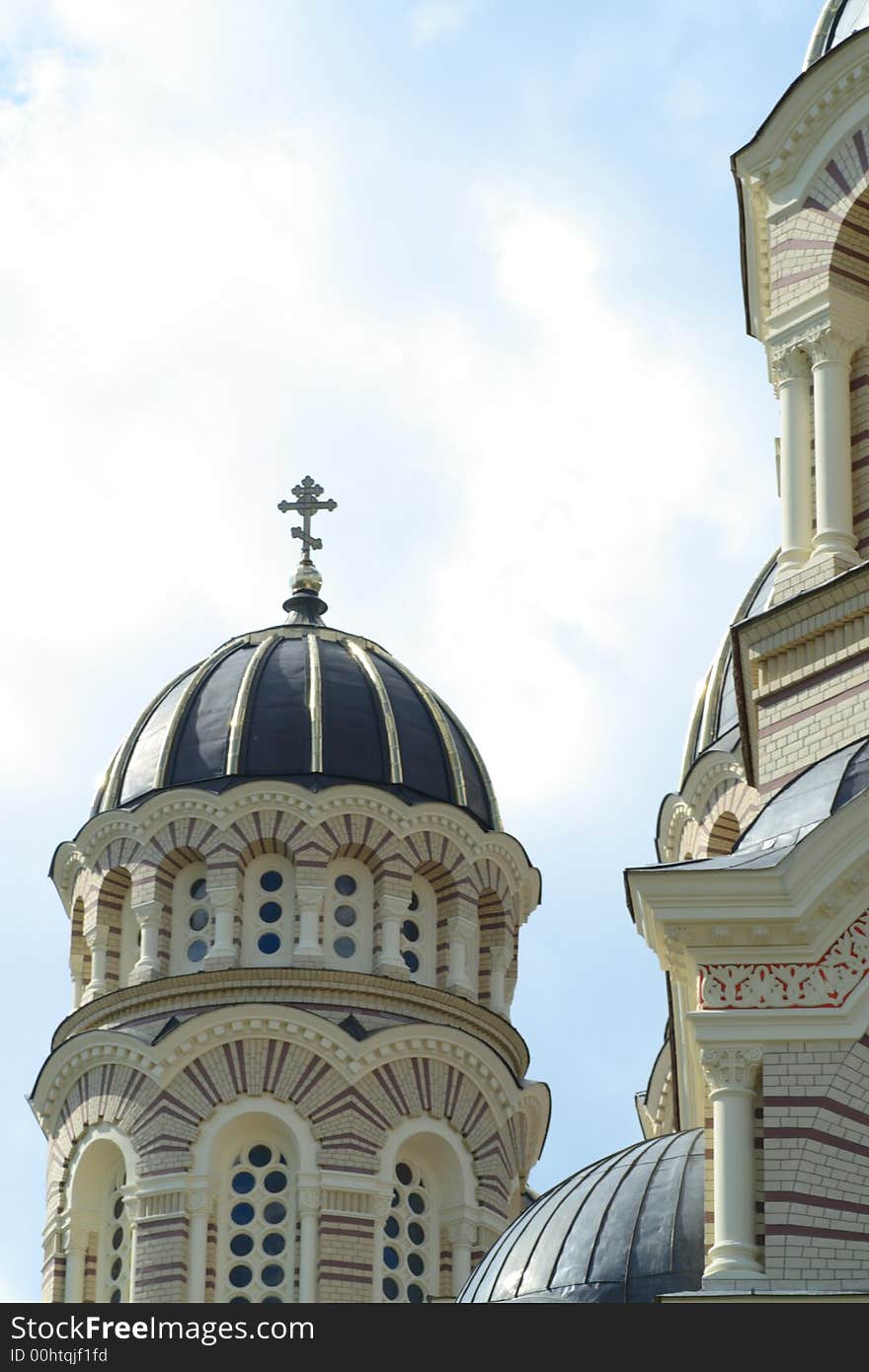 Fragment of orthodox cathedral with cloudy sky. Fragment of orthodox cathedral with cloudy sky