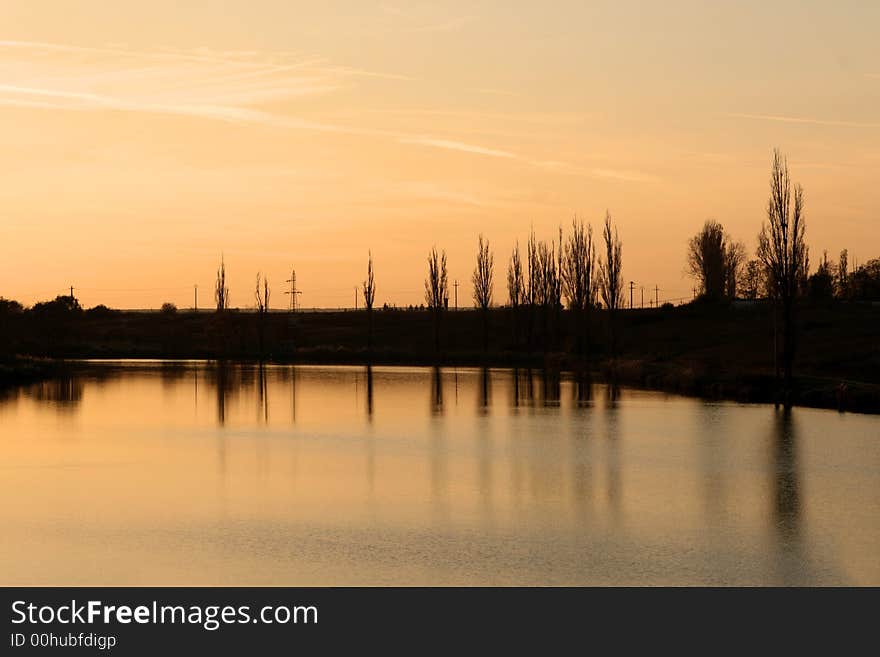 A beautiful colored sunset over the lake