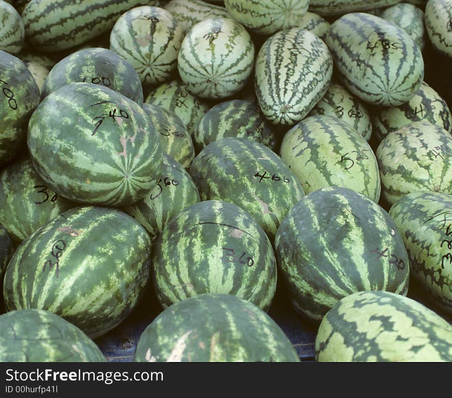 Close-up picture of a truck load of watermelons. Close-up picture of a truck load of watermelons