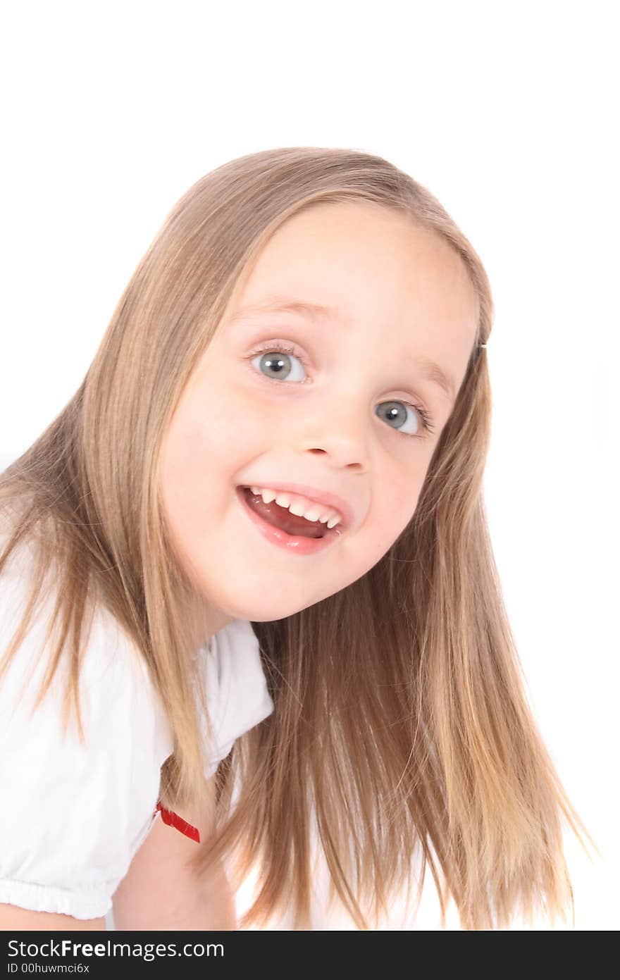 Detail of the face of the young girl on the white background