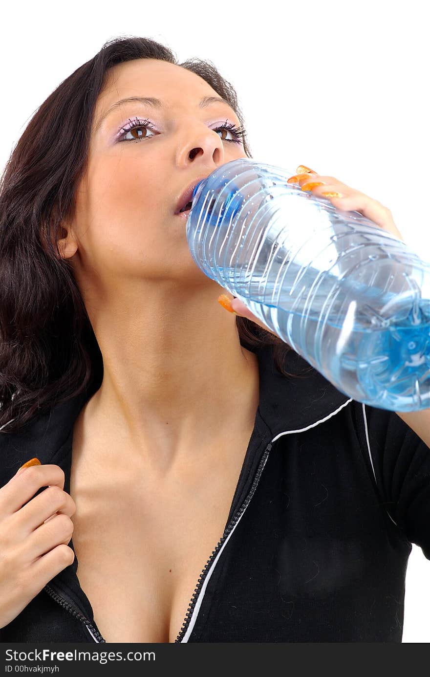 Girl drinking mineral water. white background. Girl drinking mineral water. white background