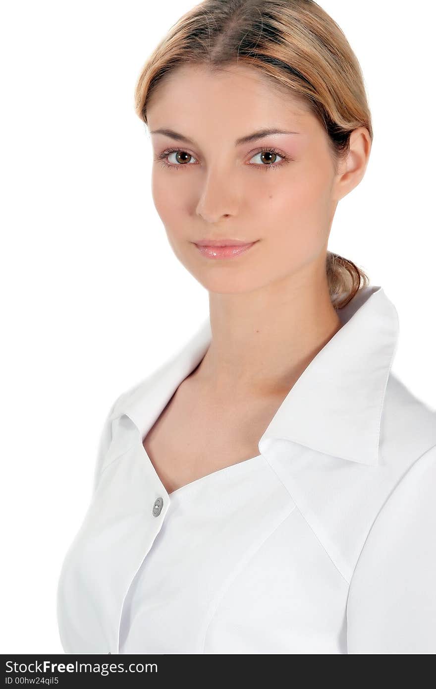 Youth woman in white medical robe. Youth woman in white medical robe