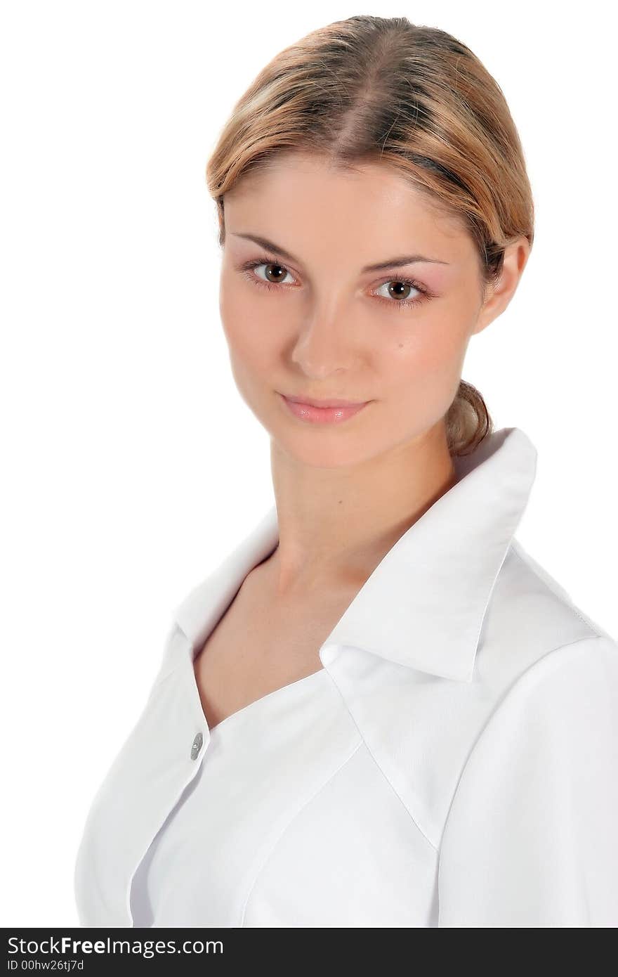 Youth woman in white medical robe. Youth woman in white medical robe