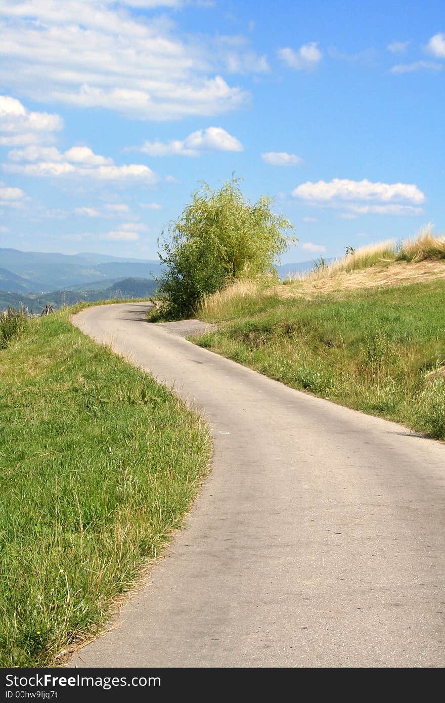 Green grass  tree, road, mountain and blue sky. Green grass  tree, road, mountain and blue sky