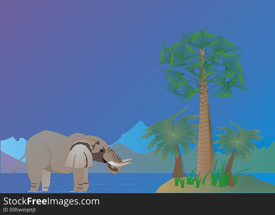 Illustration with green palms and grey elephant. Illustration with green palms and grey elephant