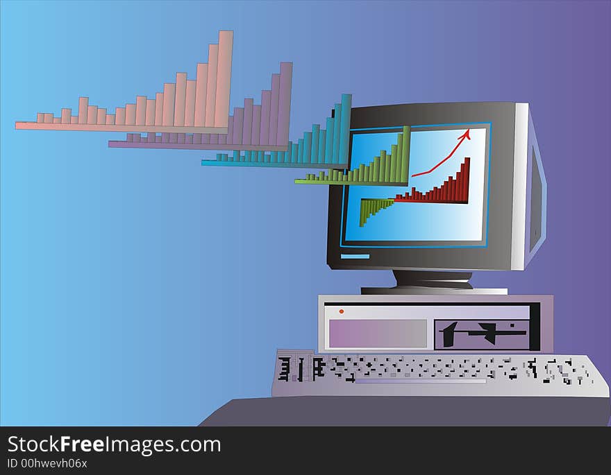 Illustration with personal computer and diagram. Illustration with personal computer and diagram