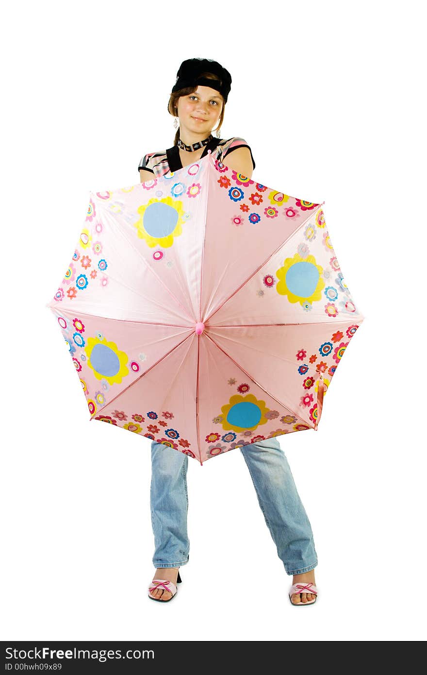 Young girl with umbrella. Isoalte on white.