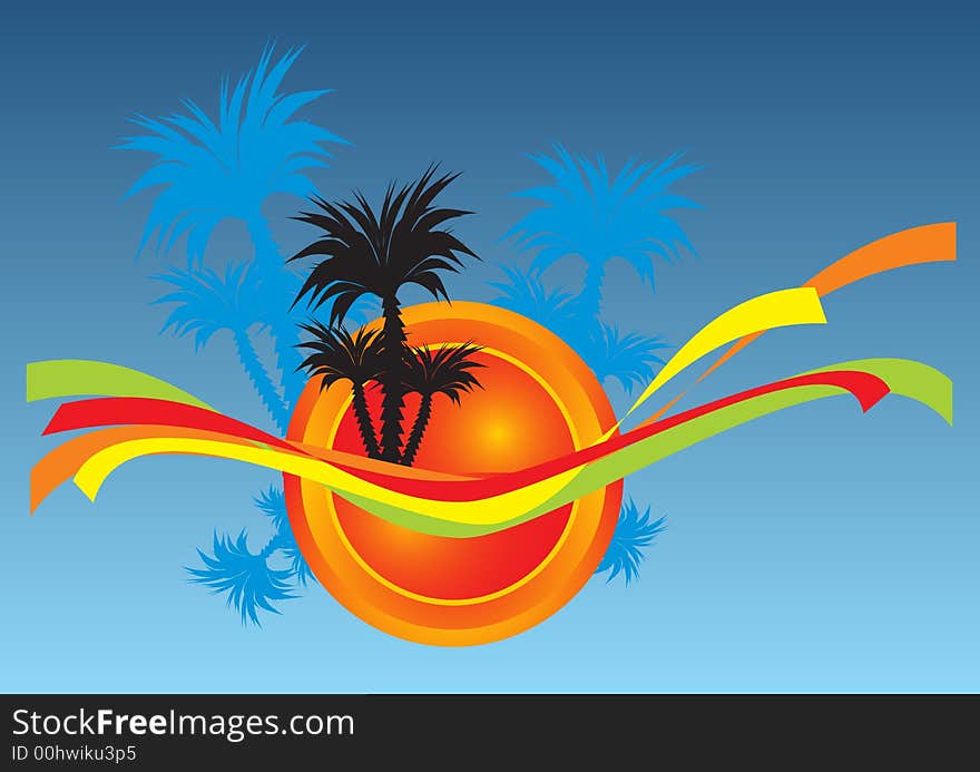 Summer ribbons illustration decorated with palm trees and abstract hot sun