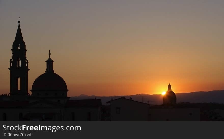 Silhouette of cathedral against setting sun. Silhouette of cathedral against setting sun