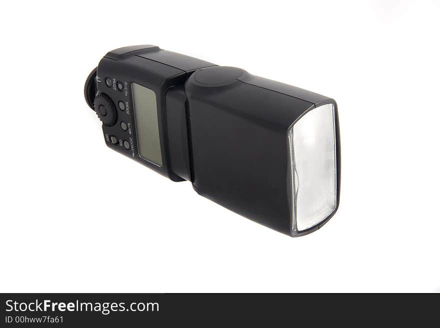 Photo of the camera flashgun isolated on the white background; photo 3 of 3. Photo of the camera flashgun isolated on the white background; photo 3 of 3