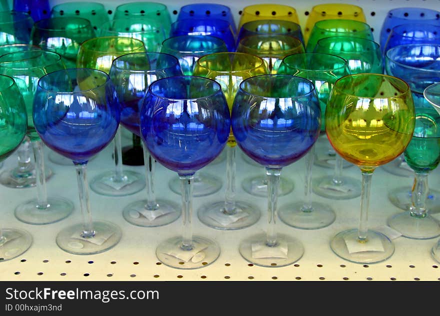 Green, blue and yellow crystal glasses for sale