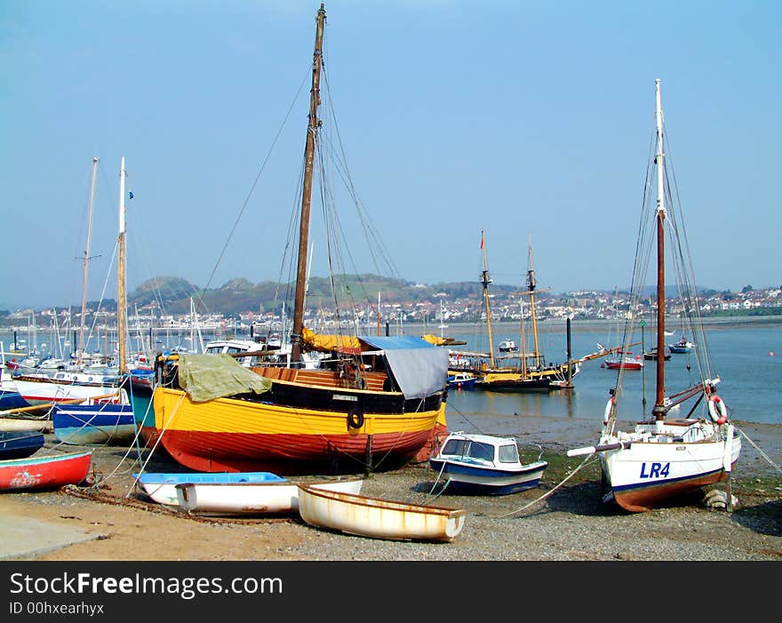 View of the boats moored in the estuary. View of the boats moored in the estuary