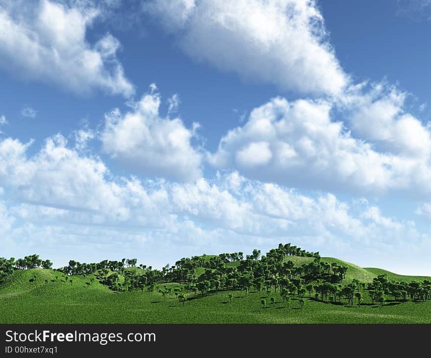 Green hills and beautiful sky  with clouds - 3d scene