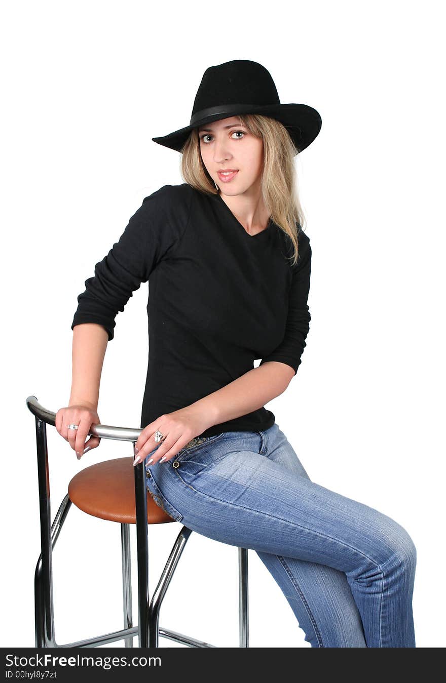 Beauty blonde girl with black hat on white background. Beauty blonde girl with black hat on white background